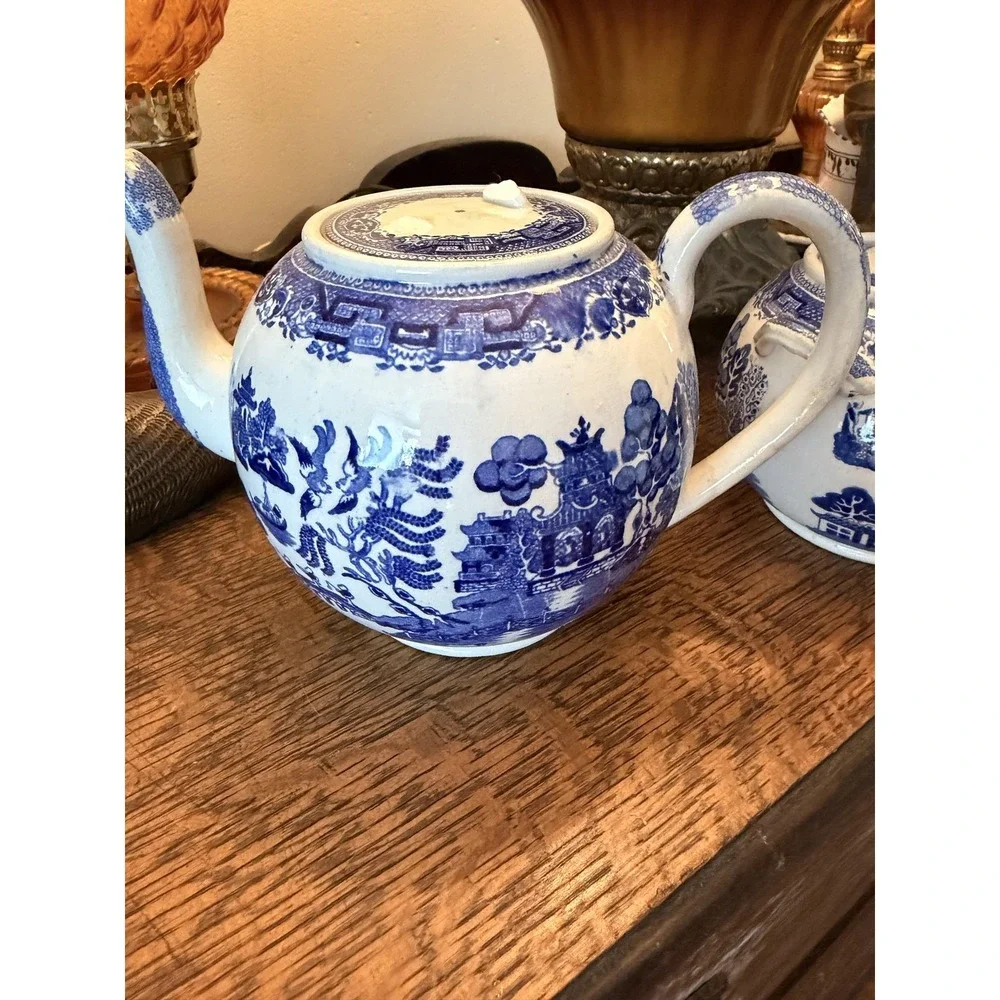 Vintage Old Hall Blue Willow Teapot & Sugar Bowl Set Staffordshire England